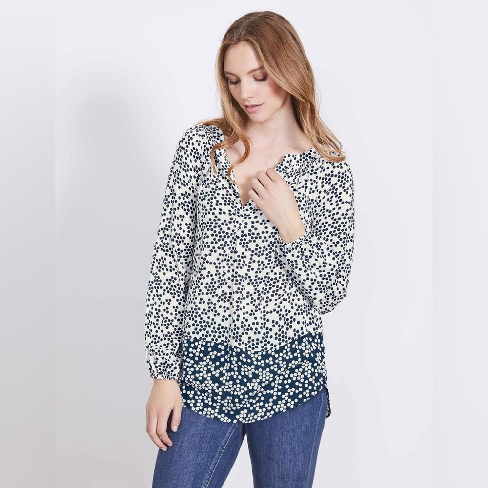 BODEN Maya Dolly Split Neck High-Low Navy White Popover Long Sleeve Blouse Sz 10